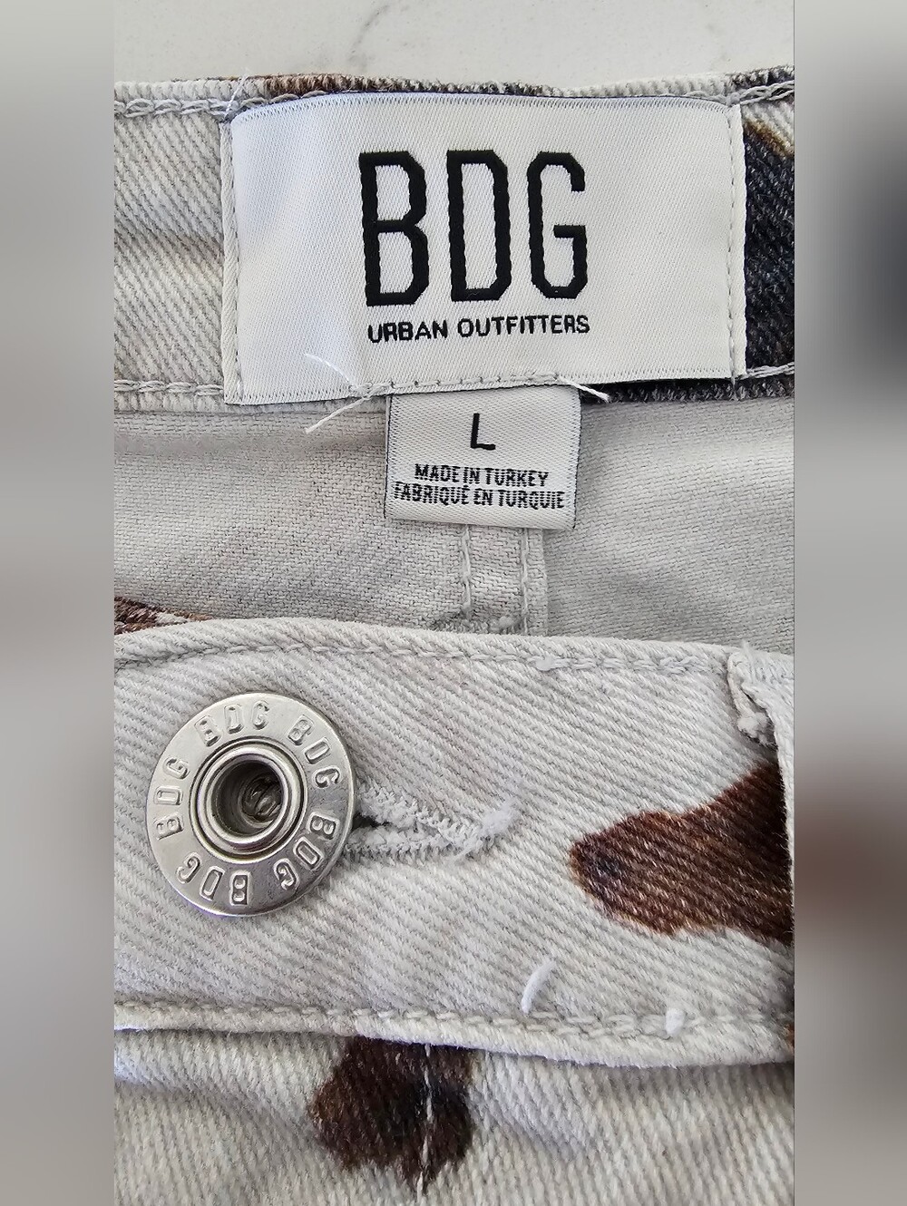 BDG Cow Print Denim Mini Skirt in White & Brown Y2K Women's Sz Large - Picture 2 of 8